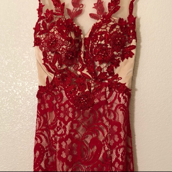 Gorgeous Red Lace Mermaid Prom Formal Gown - Picture 3 of 4